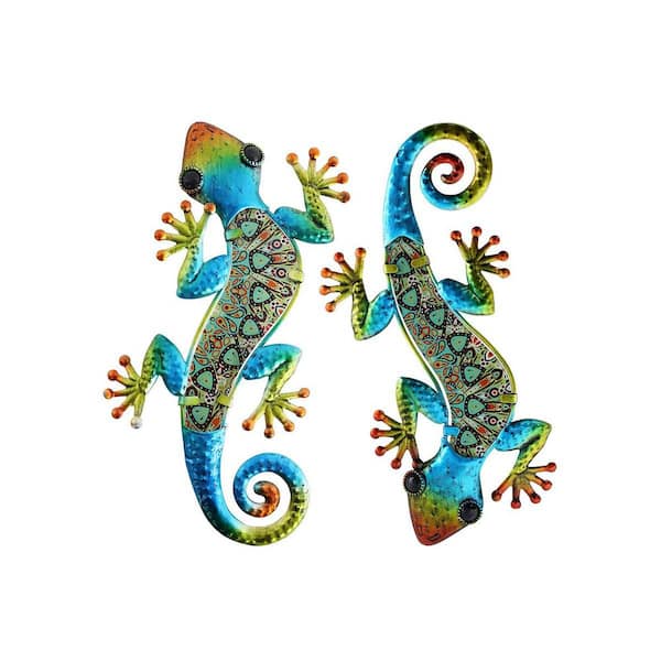 12 in. Metal Gecko Wall Decor Lizard Garden Art Color Hanging Glass Sculpture for Indoor Outdoor Patio Fence, 2-Piece