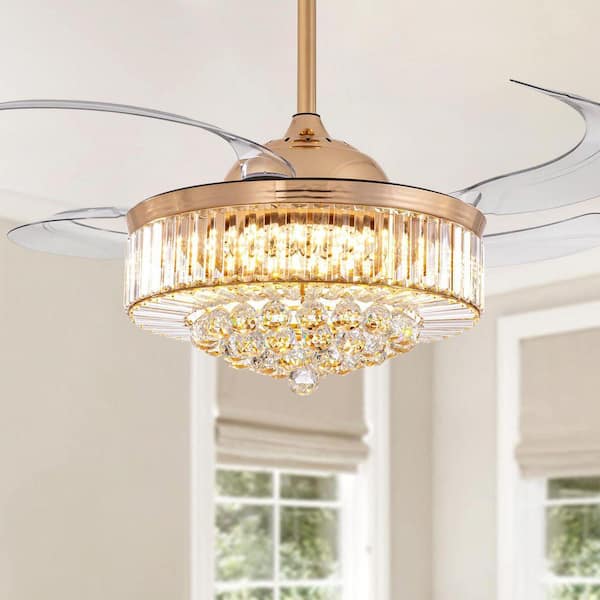 Modern 48 in. Smart Indoor Gold Crystal Retractable Invisible Chandelier Ceiling Fan with Dimmable Integrated LED