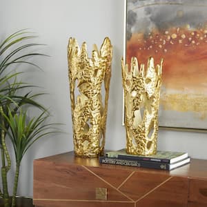 20 in., 15 in. Gold Aluminum Metal Decorative Vase with Cut Out Designs (Set of 2)