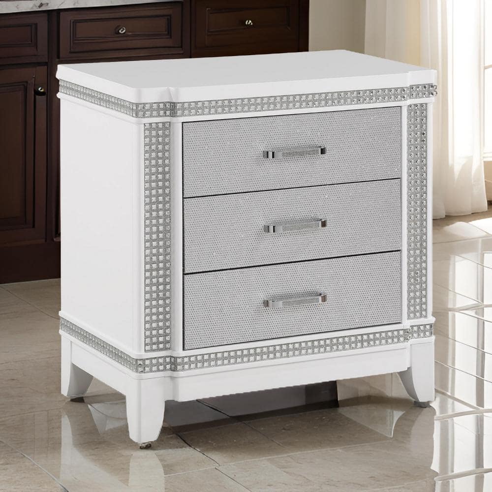 Benjara 28 in. White and Silver 3-Drawers Wooden Nightstand BM311812 ...