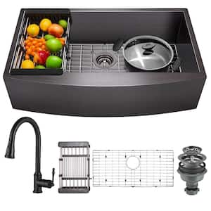 All-in-One Matte Black Finished Stainless Steel 33 in. x 20 in. Farmhouse Apron Mount Kitchen Sink with Pull-down Faucet