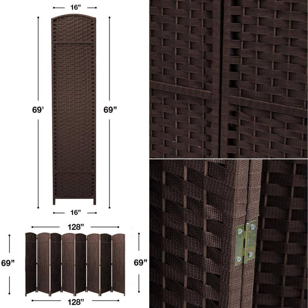 Chocolate Brown 8-Panel Folding Room Divider with Woven Straps