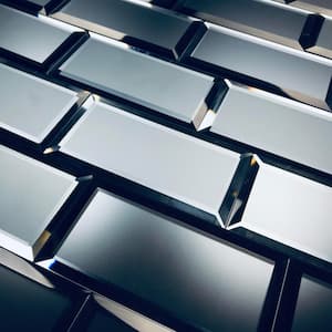 Reflections Graphite Blue Beveled Subway 3 in. x 6 in. Matte Glass Mirror Wall Tile (14 Sq. Ft../Case)