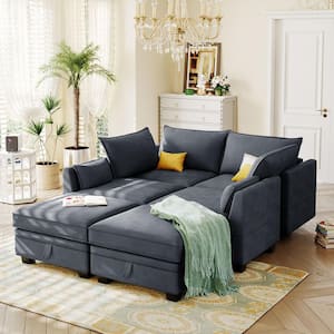 115 in. Flared Arm 3-Piece Linen U-Shaped Sectional Sofa in Gray with Convertible