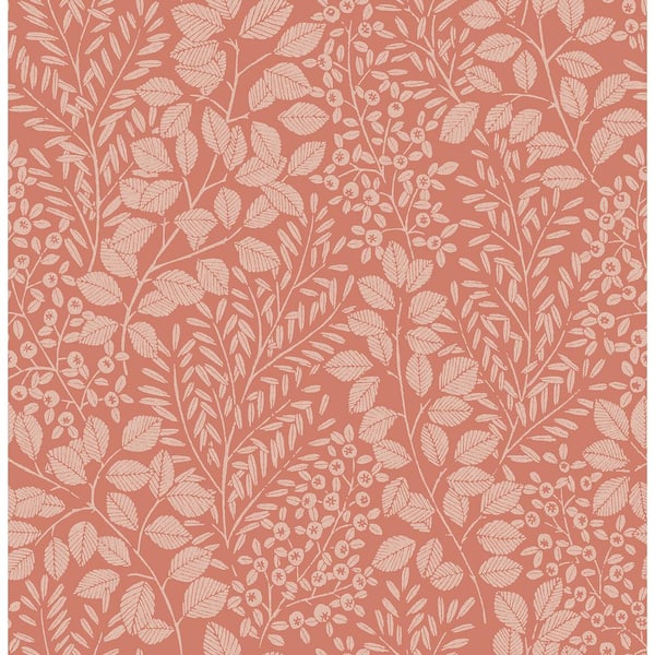A-Street Prints Elin Coral Berry Botanical Paper Glossy Non-Pasted Wallpaper Roll