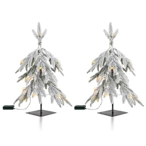 2-Pack 2 ft. Pre-Lit Downward Wrapped Flocked Pine Artificial Christmas Greenery Table Tree With 20 Warm White Lights
