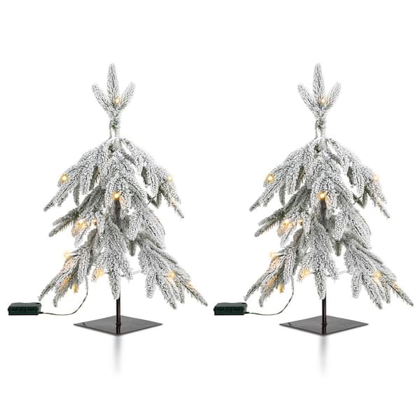 Glitzhome 2-Pack 2 ft. Pre-Lit Downward Wrapped Flocked Pine Artificial Christmas Greenery Table Tree With 20 Warm White Lights