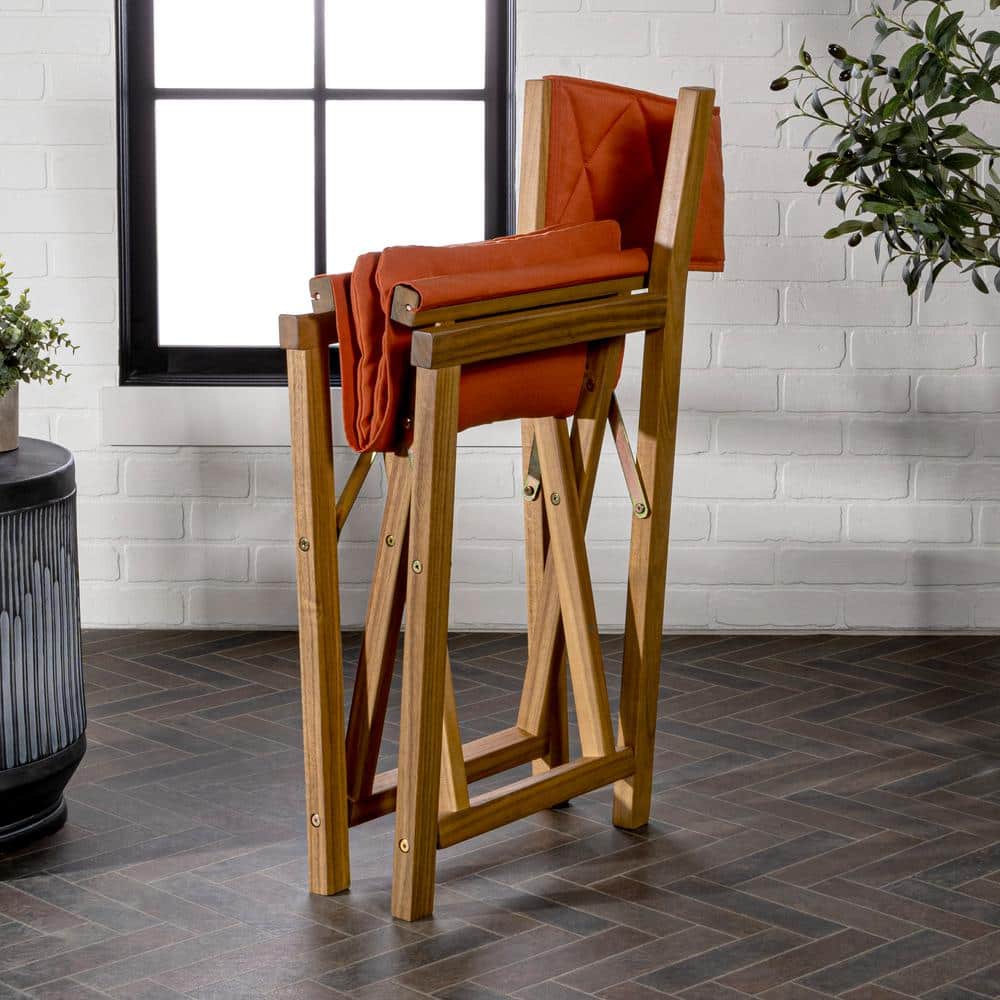Mid-Century Teak Brown Acacia Wood Director Chair with Orange Cushions