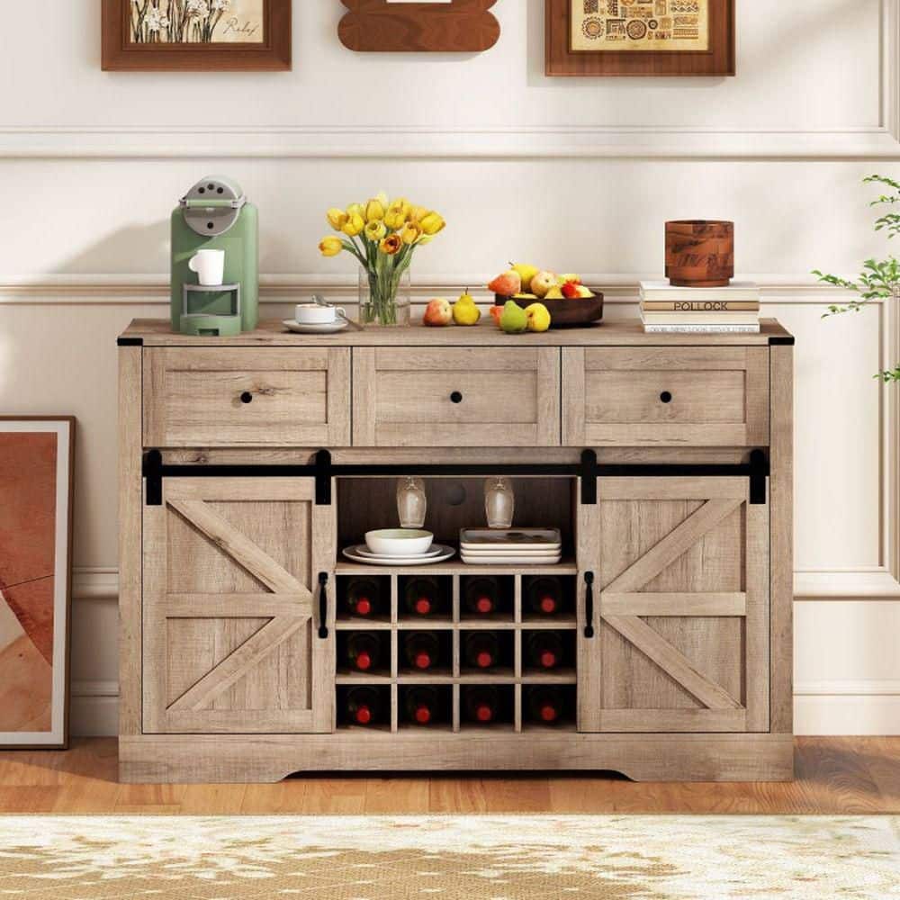 Gray MDF Wine Bar Buffet with LED Lights, Sliding Barn Doors