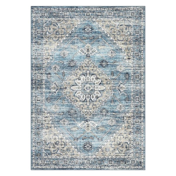 Garvee Vintage Blue 5 ft. x 7 ft. Distressed Floral Carpet Soft Non-slip Thin Carpet Living Room Farmhouse Printed Area Rug