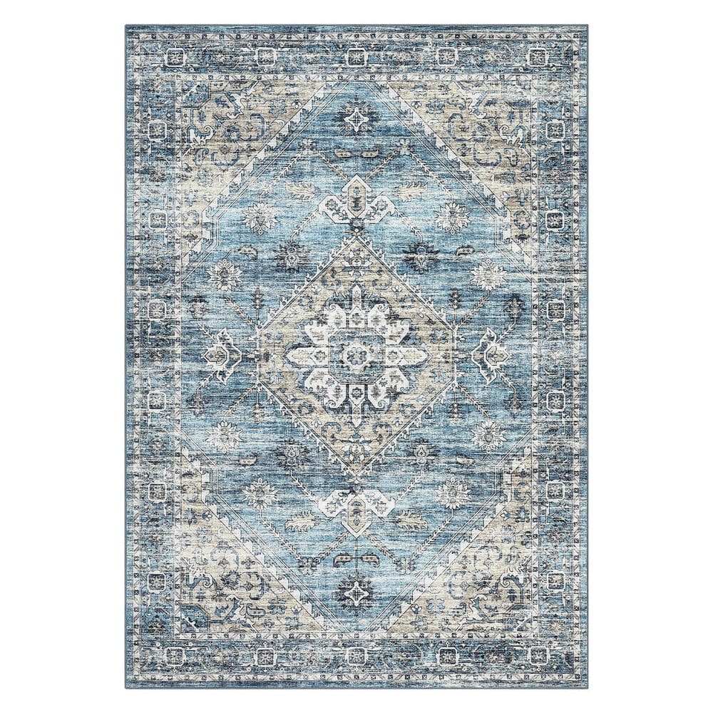 Vintage Printed Rug Distressed Floral Carpet Soft Non-slip Thin Carpet for Bedroom Living Room Farmhouse Blue，8X10ft price history on PriceWatchPro