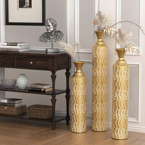 Unbranded Metal Decorative Vases High Distress Metal Center Vases, Set of 3 Vases for Home Decoration 34", 29", 25"H, Gold