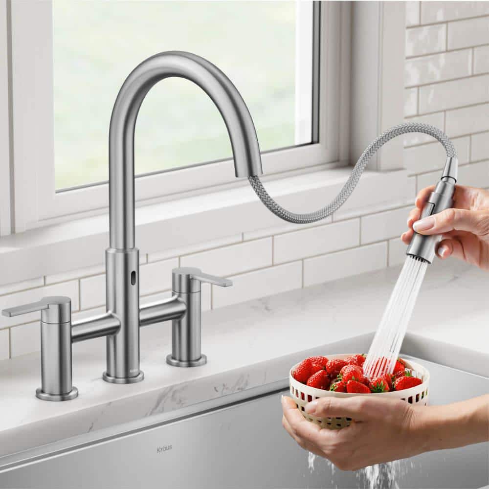 Stainless Steel Touchless Sensor Bridge Kitchen Faucet with Pull-Down Sprayhead