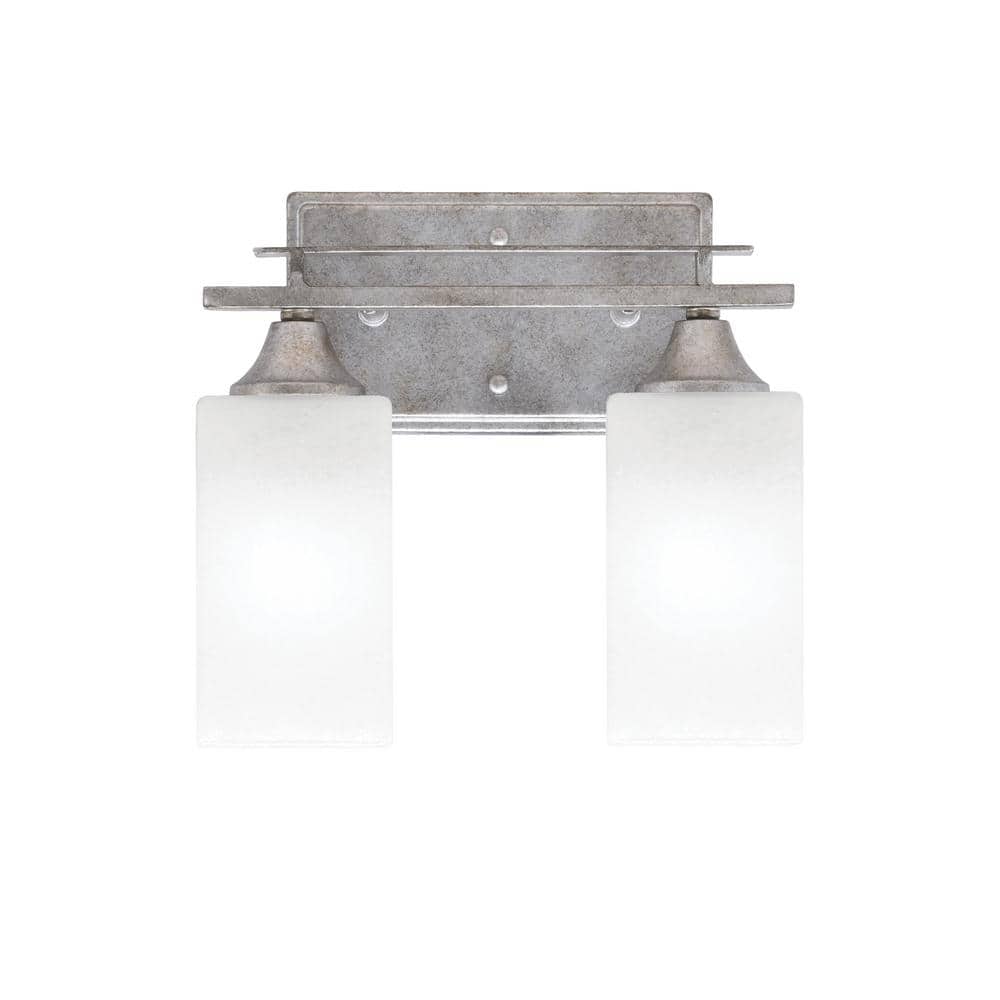 Ontario 11 in. 2-Light Vanity Light Aged Silver Square White Marble Glass S