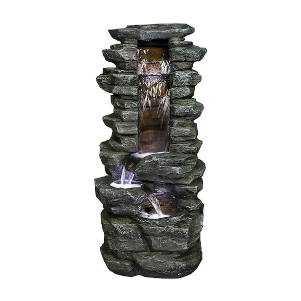 Unbranded 31 in. Rockery Shower Outdoor Fountain, Resin Waterfall Fountain Outdoor Outdoor Water Fountains with LED Light