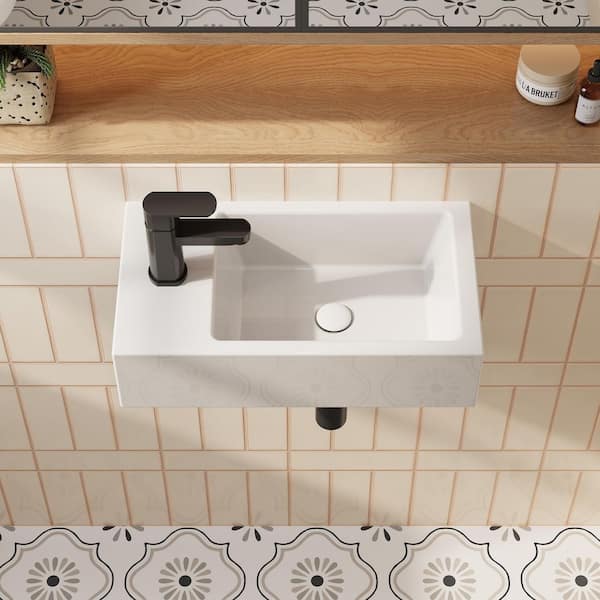 Right Hand White Ceramic Wall-Mounted Rectangle Vessel Sink Porcelain