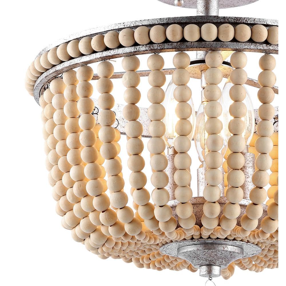 Allie 14" Antique Silver Wood Bead LED Semi Flush Mount Light