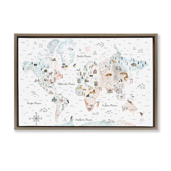 Stupell Industries Whimsical World Traveler Map by Laura Marshall Brown Floater Frame Animal Graphic Art Print 21 in. x 31 in.