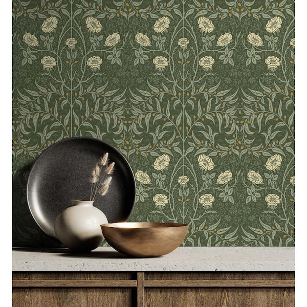 30.75 sq. ft. Evergreen Stenciled Floral Vinyl Peel and Stick Wallpaper Roll