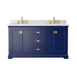 60 in. W x 22 in. D x 34 in. H Double Sink Freestanding Bath Vanity in Navy Blue with White Carrara Marble Top