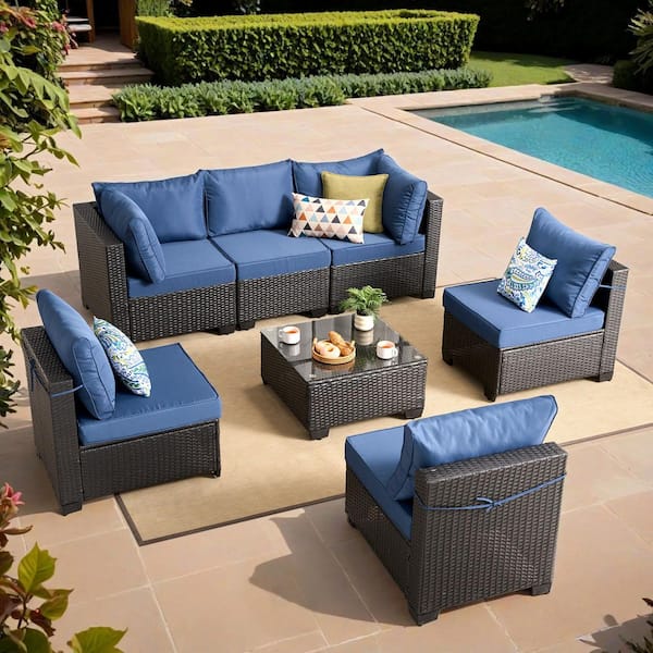 Hot Selling Black 7‑Piece Wicker Outdoor Sectional Set Patio Conversation Set with Blue Cushions for Backyard, Deck
