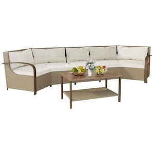 5-Piece Wicker Patio Sectional Sofa Set with Beige Cushions and Rectangular Coffee Table