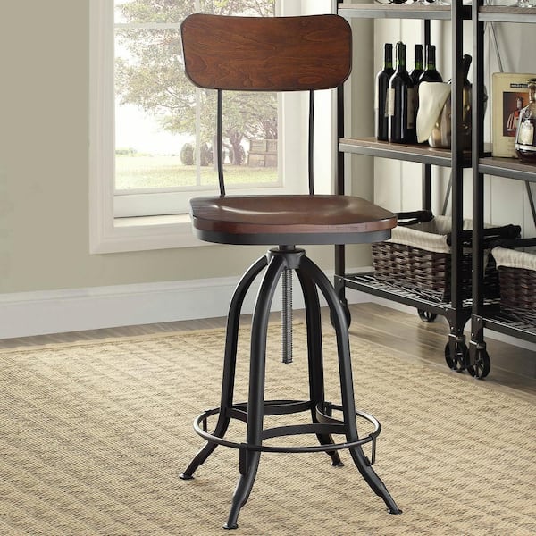 Mason 38.25 in. H Chestnut with Black Metal Frame with Backrest Adjustable Stool