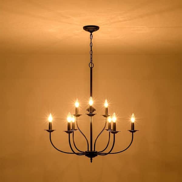 HUOKU Lincan 9-Light 30.5 in. W Matte Black Classic 2-Tier Candle