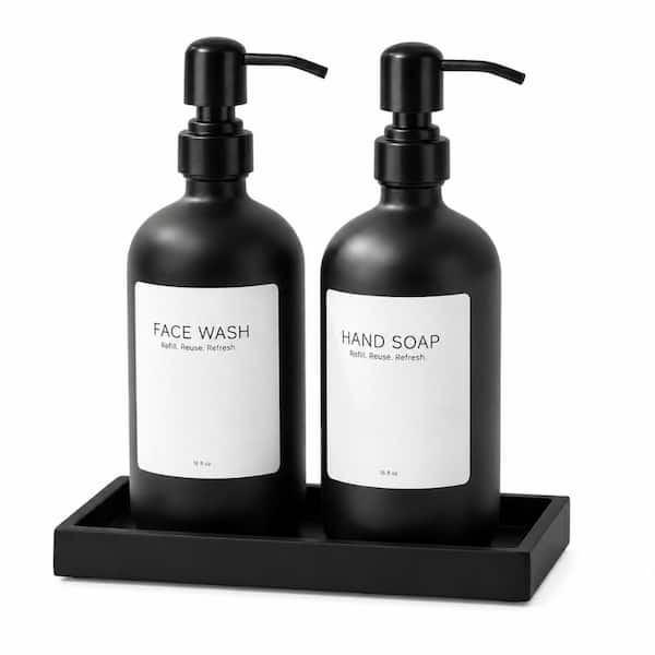 Matte Black Glass Soap Dispenser Set with Stainless Steel Pump and Resin Tray, Refillable Countertop 2-Pack