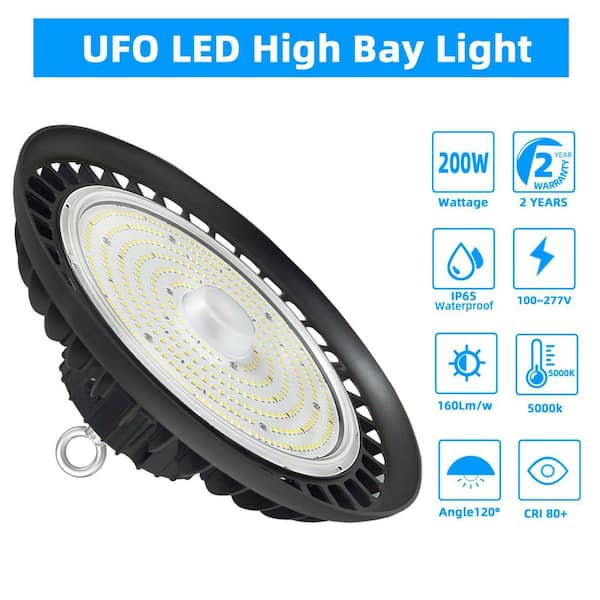 Honbei 12in.600-Watt Equivalent Integrated LED Dimmable Black High Bay Light,5000K Daylight UFO High Bay Light 28000Lm 3Pack