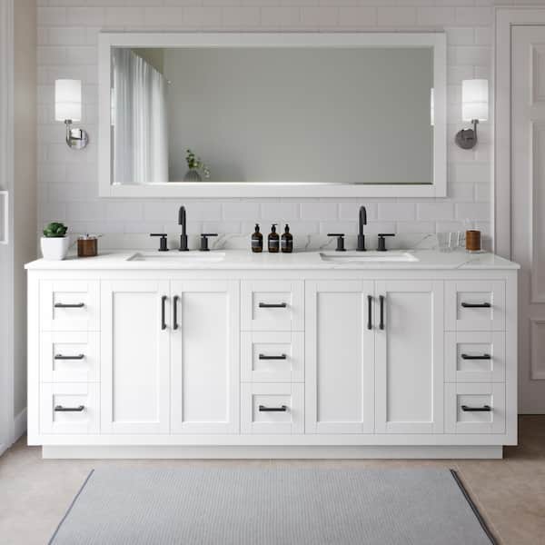 Wyndham Collection Miranda 84 in. W x 22 in. D x 33.75 in. H Double Bath Vanity in White with Giotto quartz Top and 70 in. Mirror