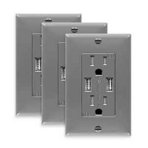 15 Amp Tamper Resistant Decorator Duplex Receptacle, USB Outlet Dual Type A with Wall Plate, Gray (3-Pack)