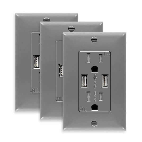 15 Amp Tamper Resistant Decorator Duplex Receptacle, USB Outlet Dual Type A with Wall Plate, Gray (3-Pack)