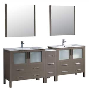 Torino 84 in. Double Vanity in Gray Oak with Ceramic Vanity Top in White with White Basins and Mirrors