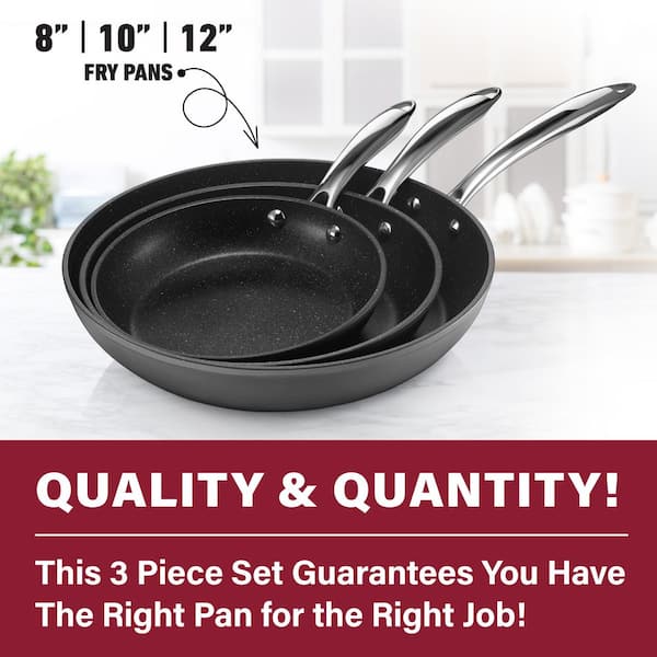 Choice 3-Piece Aluminum Non-Stick Fry Pan Set with Red Silicone Handles -  8, 10, and 12 Frying Pans
