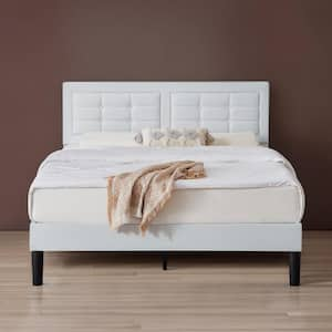 Upholstered Bed White Wood and Metal Frame Queen Platform Bed with Adjustable Headboard Bed Frame