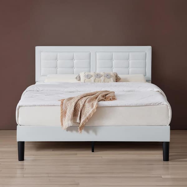 VECELO Upholstered Bed White Wood and Metal Frame Queen Platform Bed with Adjustable Headboard Bed Frame