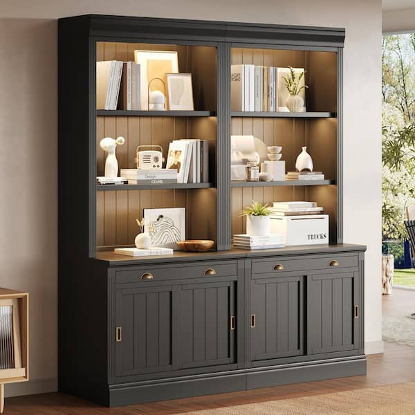 83.4 in. Tall Black Solid Wood Bookcase with Sliding Doors, LED Lighting and Open Shelves