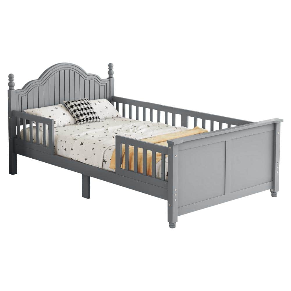 Gray Wood Frame Twin Platform Bed with Headboard, Footboard & Safety Guardrails durable construction price history on PriceWatchPro