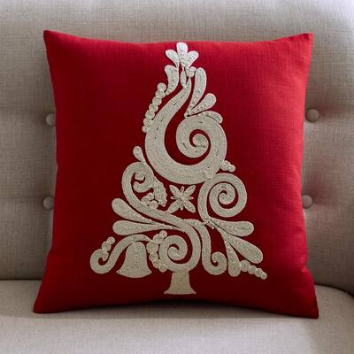 Christmas Tree Red Graphic Embroidered Decorative 18 in. Square Pillow Cover