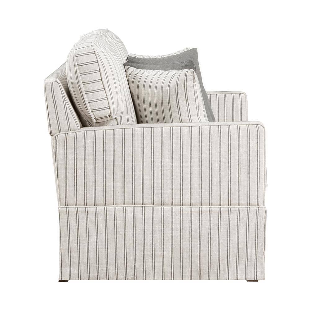 White and Gray Striped Fabric Lawson Sofa with Wood Frame