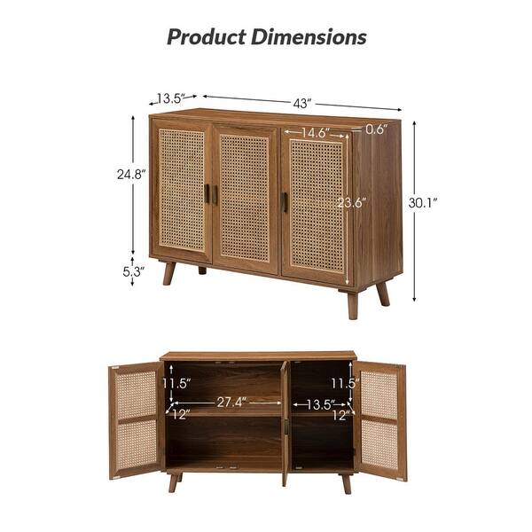 JAYDEN CREATION Ezio 3-Door Walnut Rattan Accent Cabinet