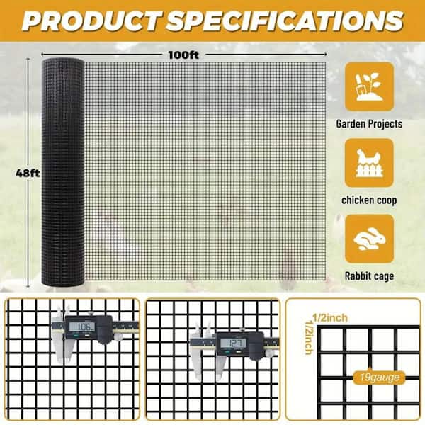 Black Vinyl Coated Welded Fence Mesh 1/2 in. 48 in. x 100 ft. 19-Gauge, Garden Home Chicken Deer Rabbit Barrier Safety