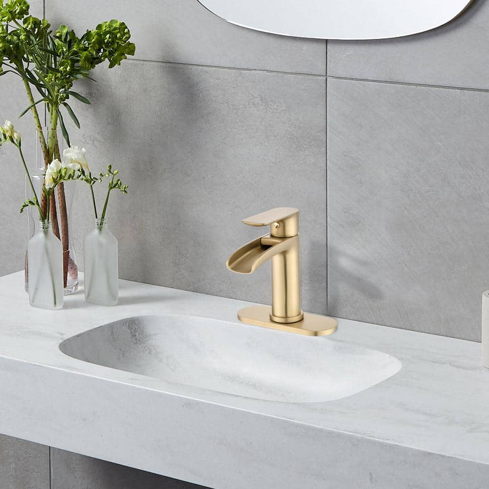 Brushed Gold Single Handle Waterfall Bathroom Faucet with Deck Plate