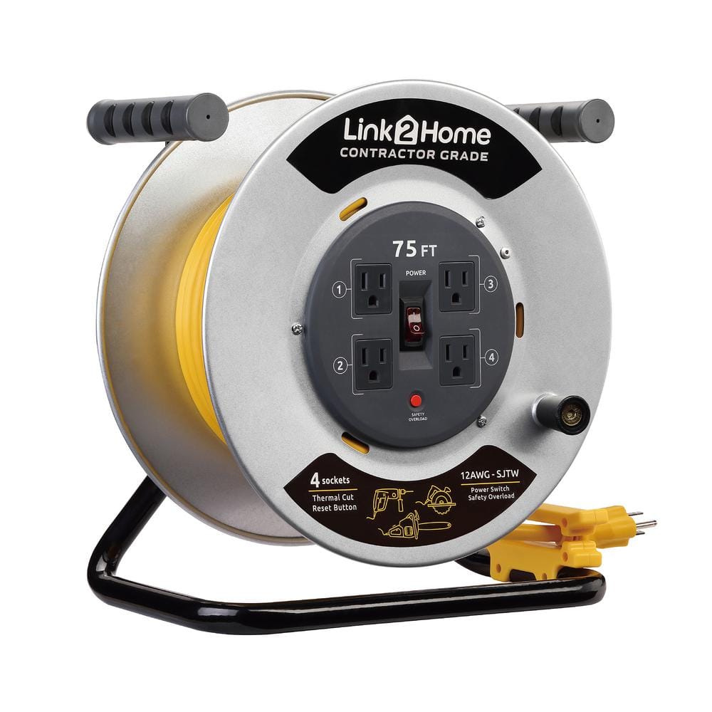 Link2Home 60 ft. 14/3 Extension Cord Storage Reel with 4 Grounded Outlets  and Overload Circuit Breaker EM-EL-600-N - The Home Depot