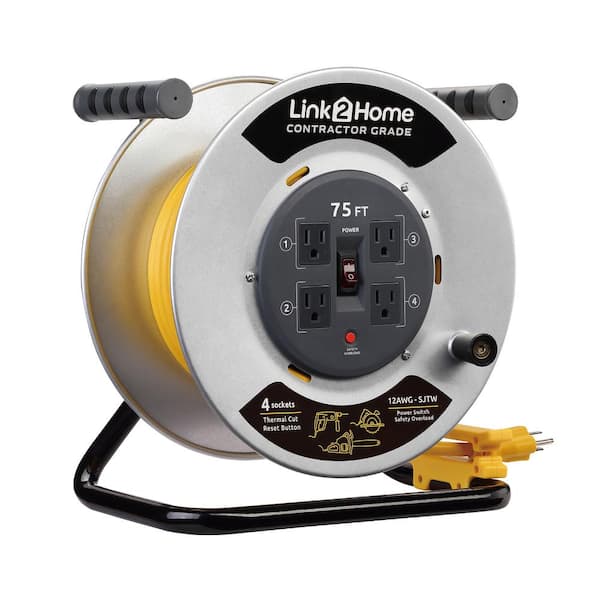 Link2Home 75 ft. 12/3 Extension Cord Storage Reel with 4 Grounded Outlets and Overload Circuit Breaker
