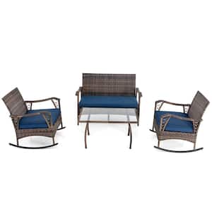Brown 4-Piece Metal Patio Conversation Set with Navy Cushions