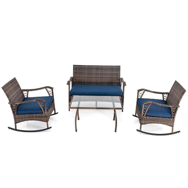 Costway Brown 4-Piece Metal Patio Conversation Set with Navy Cushions