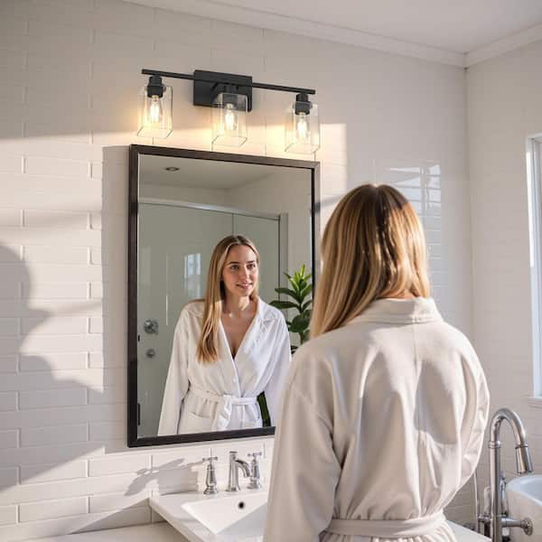 24 in. 3-Light Matte Black Industrial Bathroom Vanity Light with Clear Rectangular Glass Shades Over Mirror