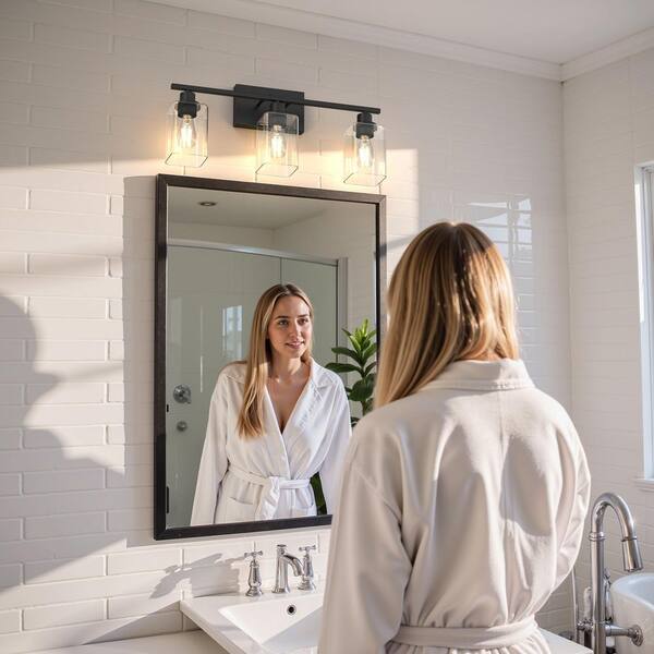 24 in. 3-Light Matte Black Industrial Bathroom Vanity Light with Clear Rectangular Glass Shades Over Mirror